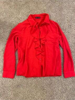 Red Ruffle Front Button-Up Blouse